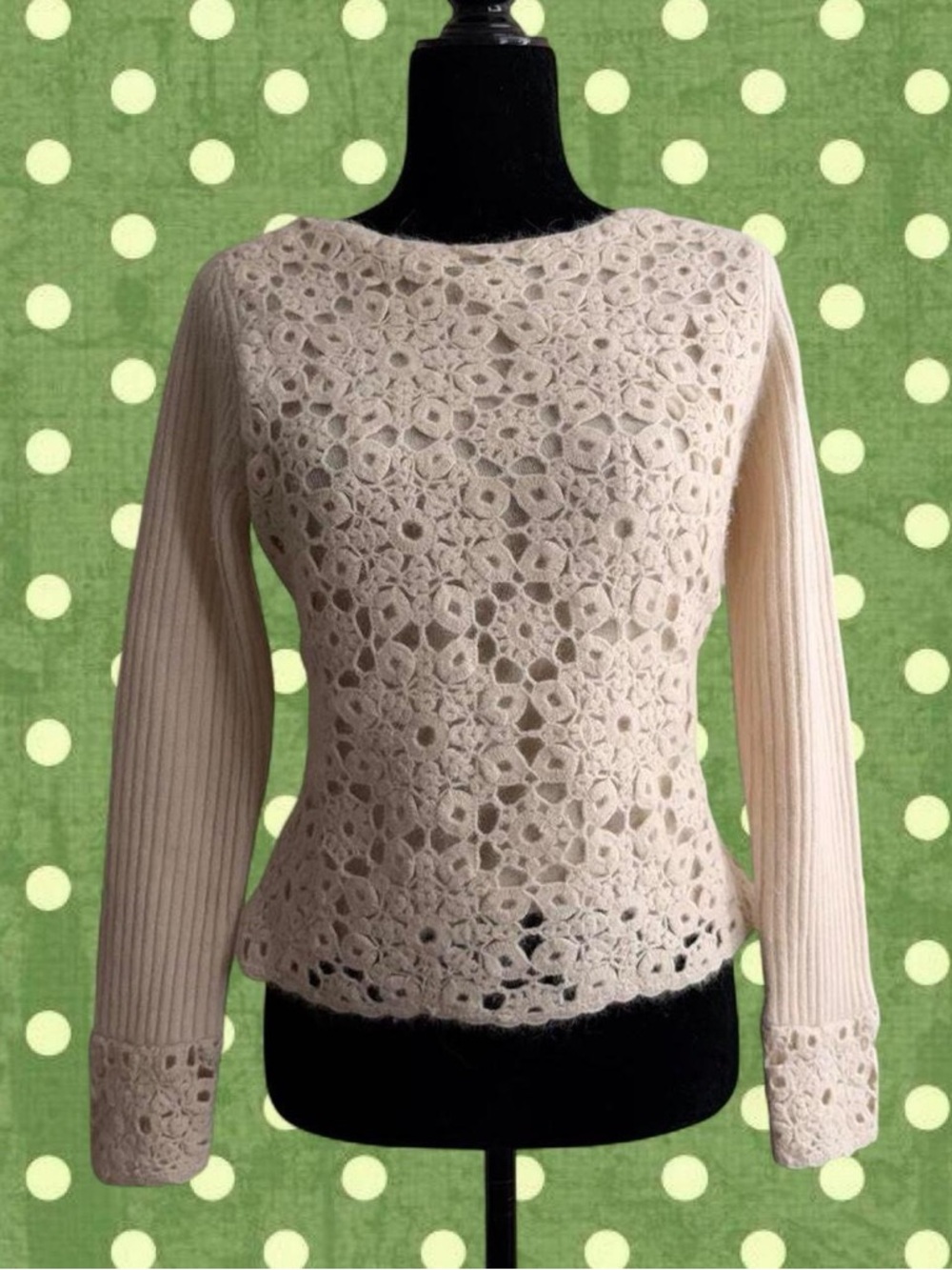 Carole Little Cream Crochet Front Knit Sweater